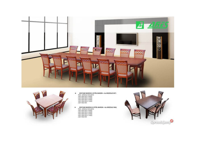 Solidny zestaw do jadalni - rozkładany stół Baron i drewniane krzesła W3 z tapicerowanym siedziskiem i oparciem