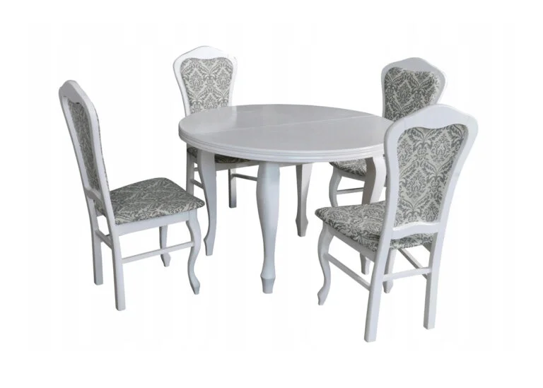 Modny okrągły stół Cezar i drewniane krzesła A37 z tapicerowanym siedziskiem i oparciem