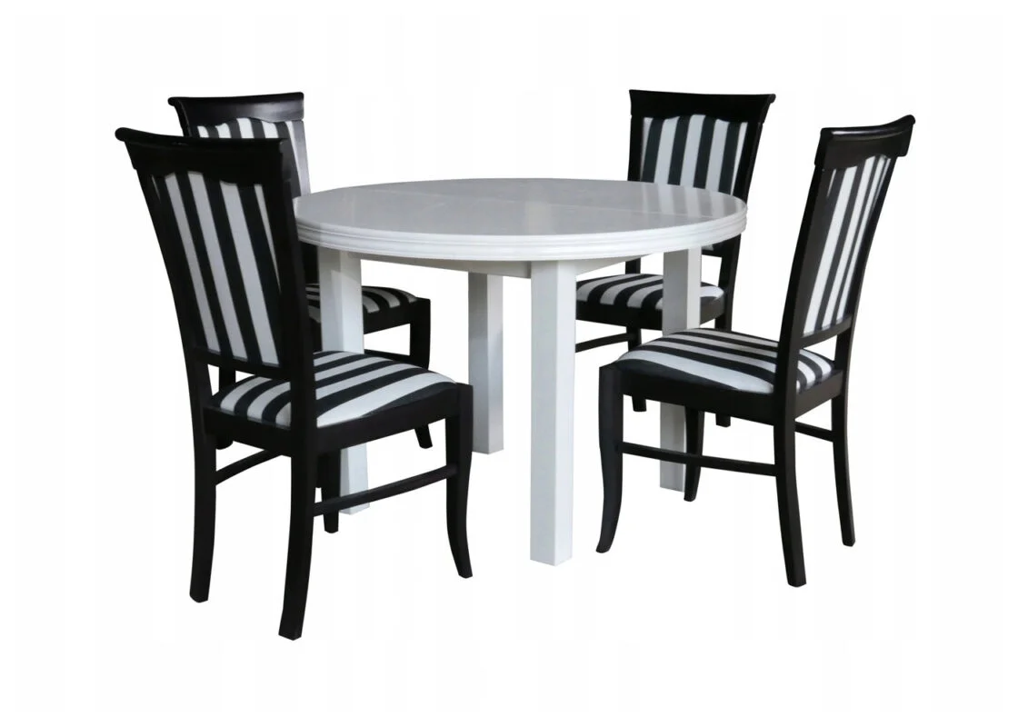 Nowoczesny zestaw - okrągły stół Eryk i drewniane krzesła A23 z tapicerowanym siedziskiem i oparciem