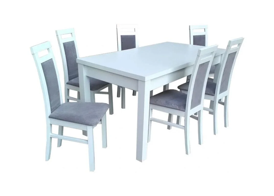 Nowoczesny zestaw - rozkładany stół Nico i drewniane krzesła A85 z tapicerowanym siedziskiem i oparciem