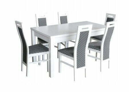 Modny komplet do jadalni - rozkładany stół Nico i drewniane krzesła M z tapicerowanym siedziskiem i oparciem