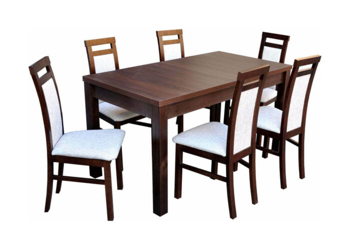 Nowoczesny zestaw - rozkładany stół Nico i drewniane krzesła A85 z tapicerowanym siedziskiem i oparciem