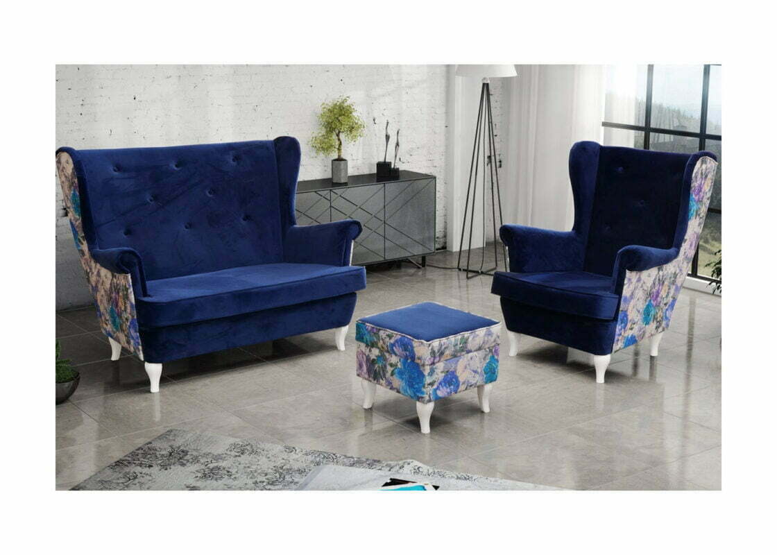 Skandynawski zestaw tapicerowany - sofa uszak 2 osobowa i fotel uszak z podnóżkiem