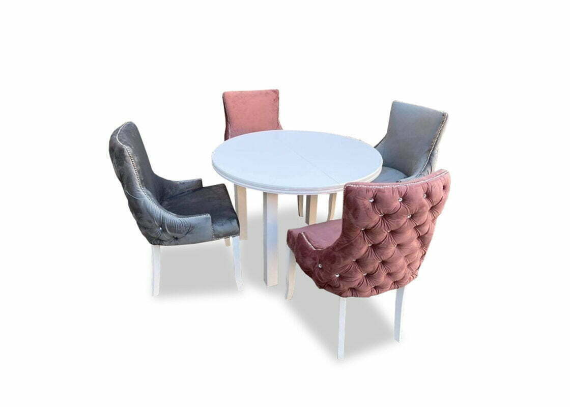 Nowoczesny okrągły stół Eryk z tapicerowanymi krzesłami Glamour