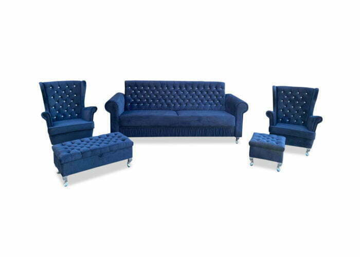 Tapicerowany zestaw wypoczynkowy - kanapa Emma 3 osobowa z 2 fotelami uszak i podnóżkiem 45 cm oraz podnóżkiem 90 cm