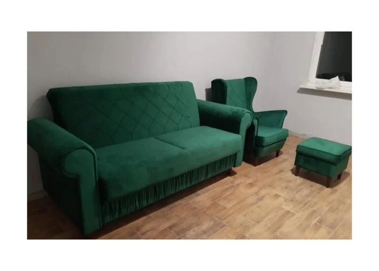Tapicerowany zestaw wypoczynkowy - rozkładana kanapa Dakota 3 osobowa i skandynawski fotel uszak z podnóżkiem