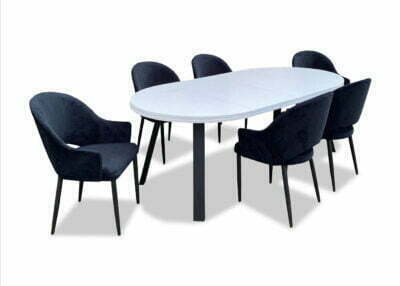 Stół Pari + Krzesła tapicerowane z wycięciem Polo zestaw okrągły rozkładany tapicerowane