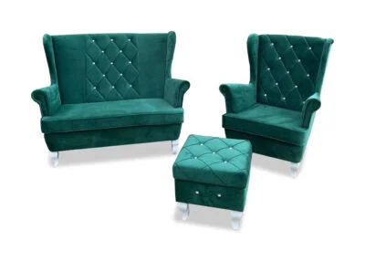 Skandynawski zestaw wypoczynkowy - sofa uszak 2 osobowa oraz fotel uszak w komplecie z podnóżkiem