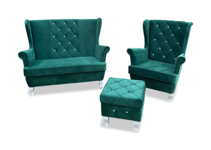 Skandynawski zestaw wypoczynkowy - sofa uszak 2 osobowa oraz fotel uszak w komplecie z podnóżkiem