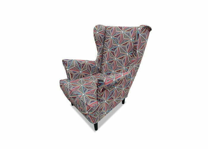 Tapicerowany fotel skandynawski uszak Malawi w geometryczne wzory