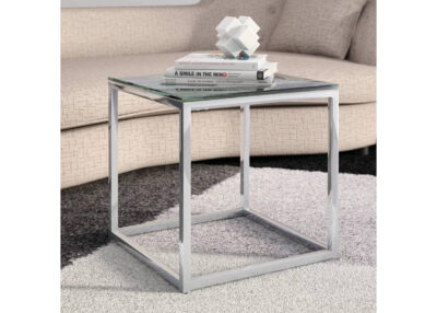 Chromowany metalowy srebrny stolik ze szklanym blatem