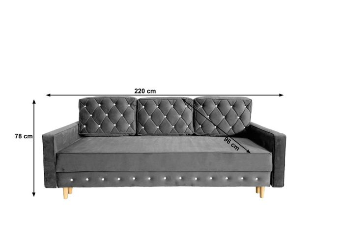 Pikowana kanapa Lux 3 osobowa w stylu glamour z funkcją spania