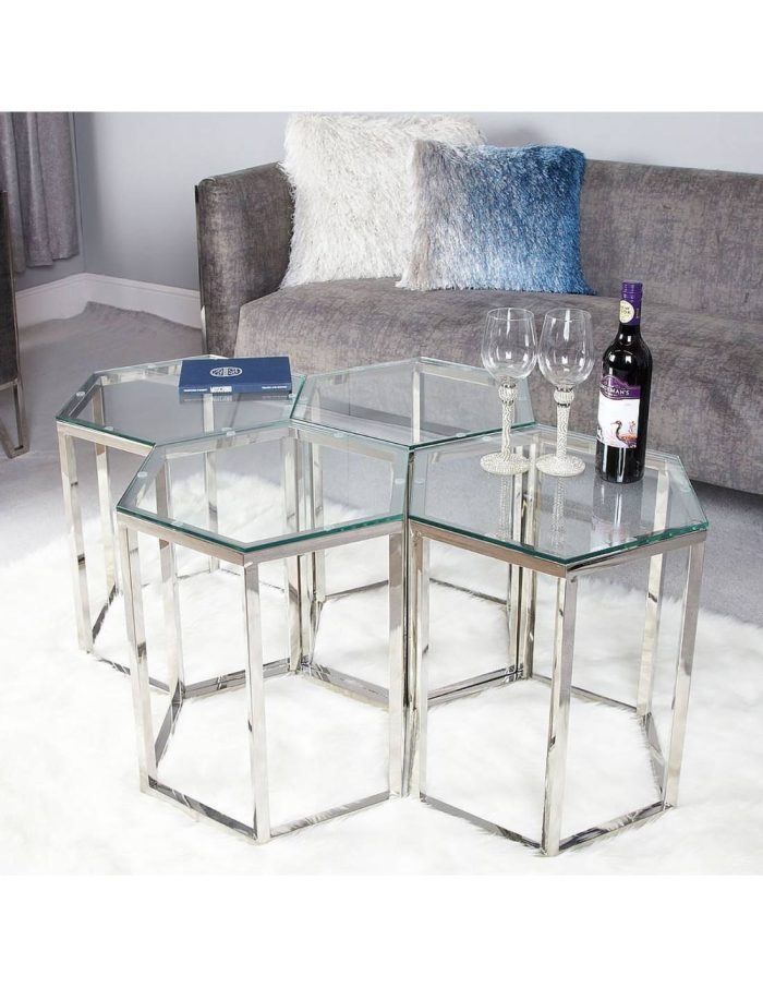 Metalowy srebrny stolik o sześciokątnym szklanym blacie firmy Meble Ares 7