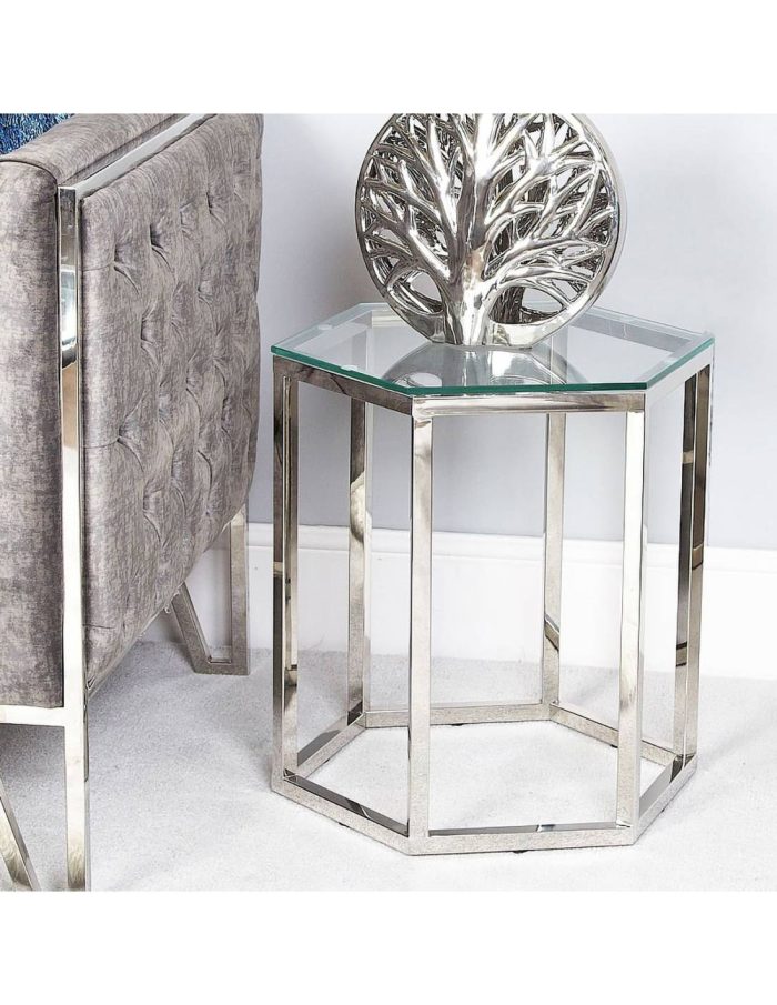 Metalowy srebrny stolik o sześciokątnym szklanym blacie firmy Meble Ares 5