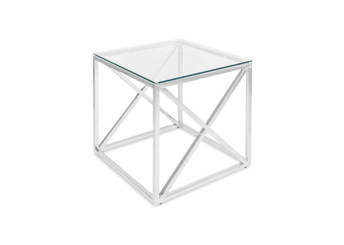 Srebrny metalowy stolik ze szklanym blatem