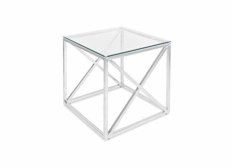 Srebrny metalowy stolik ze szklanym blatem