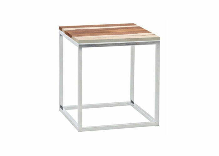 Chromowany metalowy srebrny stolik z drewnianym blatem