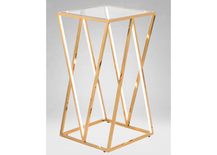Metalowy złoty stolik wysoki kwietnik ze szklanym blatem