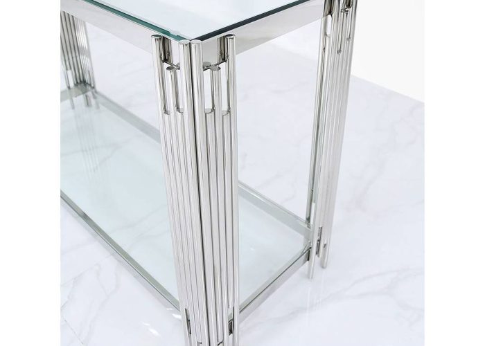 Srebrna metalowa konsola ze szklanym bezbarwnym blatem nowoczesne