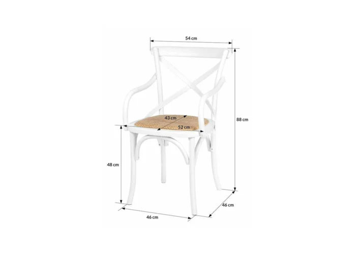 Drewniane białe krzesło gięte z ratanowym siedziskiem i podłokietnikami skandynawskie nowoczesne