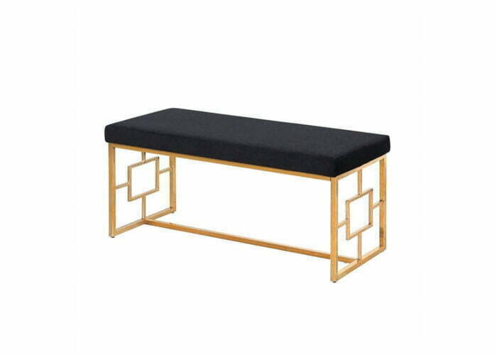 Złota metalowa ławka z miękkim materiałowym siedziskiem tapicerowana glamour