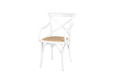 Drewniane białe krzesło gięte z ratanowym siedziskiem i podłokietnikami skandynawskie nowoczesne