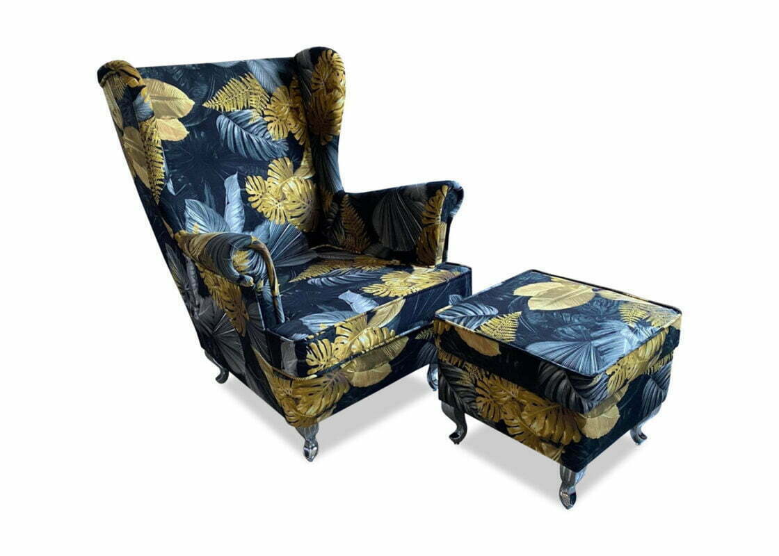 Dekoracyjny fotel uszak z podnóżkiem w tkaninie w liście M-126