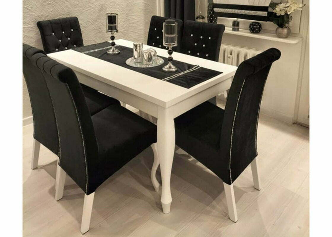 Ludwikowy rozkładany stół Alan z tapicerowanymi krzesłami K6