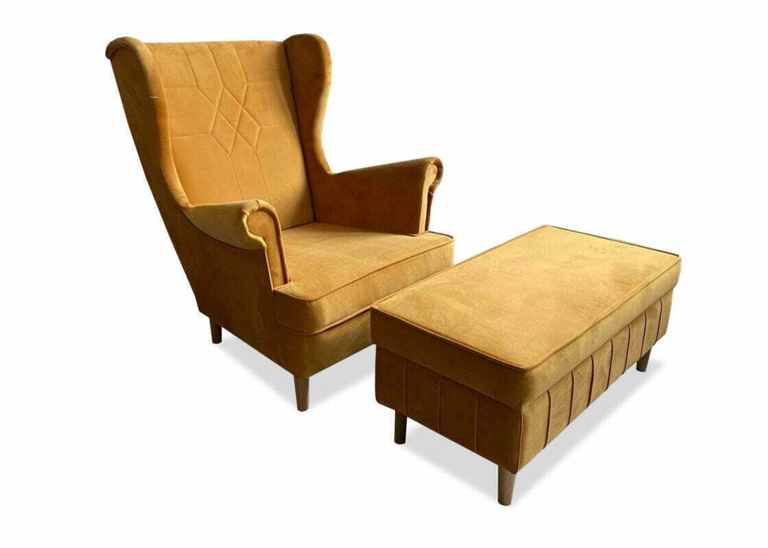 Nowoczesny fotel uszak z przeszyciami i tapicerowany podnóżek Lorento