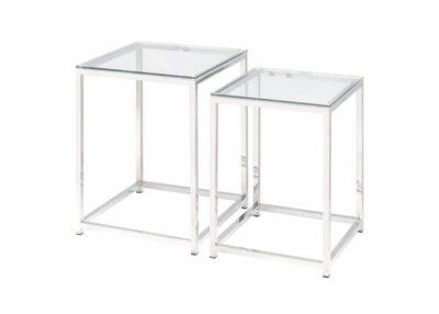 Dwa stoliki metalowe, zestaw srebrnych stolików ze szklanym blatem