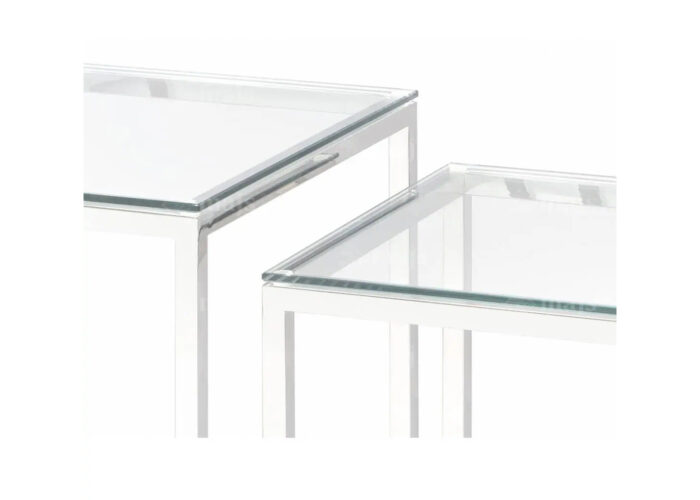 Dwa stoliki metalowe zestaw srebrnych stolików ze szklanym blatem
