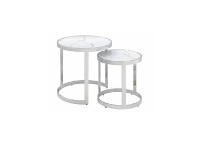Dwa stoliki okrągłe ze szklanymi blatami i metalowymi nogami