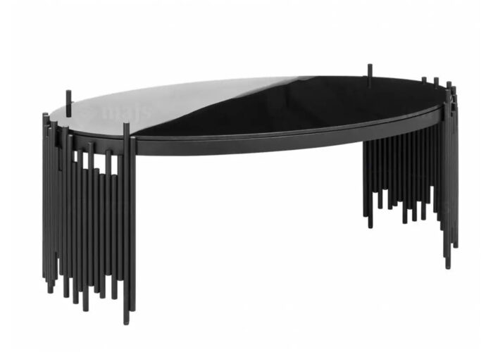 Metalowy czarny stolik kawowy owalny z blatem z hartowanego czarnego szkła