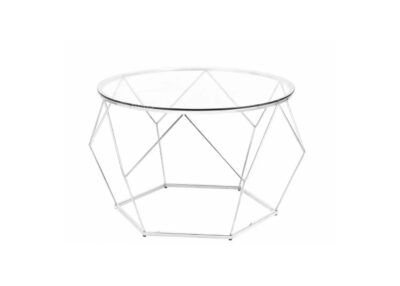 Srebrny chromowany stolik diament z blatem z hartowanego szkła