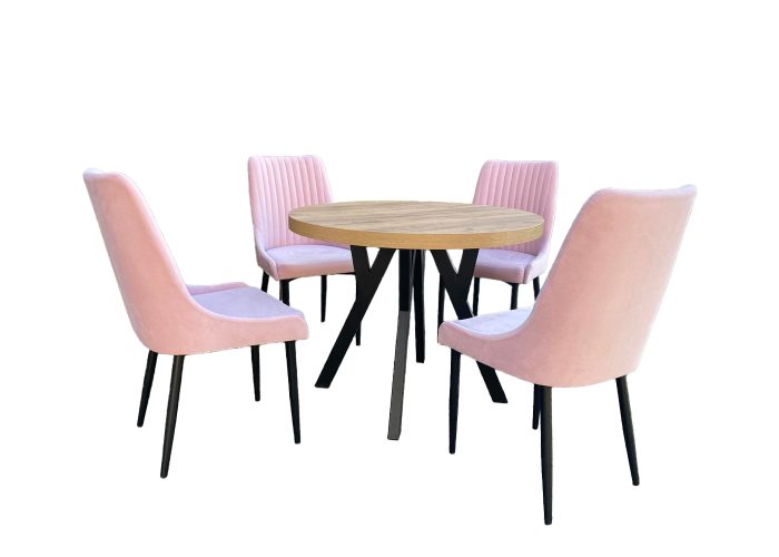 Tapicerowane krzesła Massimo z pionowymi przeszyciami i rozkładny stół loftowy Zona