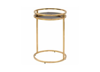 Złoty, metalowy stolik okrągły ze szklanym, czarnym blatem