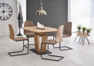 Rozkładany prostokątny stół Black w zestawie z tapicerowanymi krzesłami Fargo do jadalni