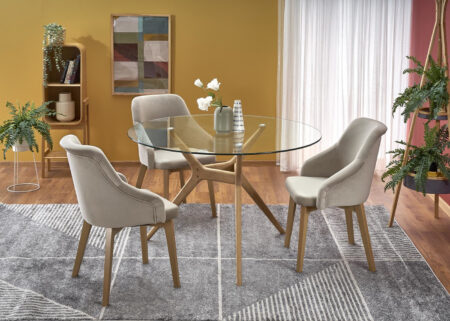 Okrągły szklany stół Ash i tapicerowane krzesła Tole 2