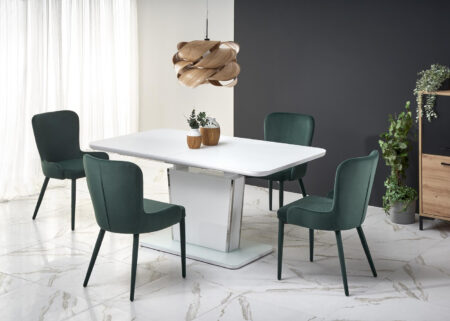Biały rozkładany stół Bonarka z nowoczesnymi krzesłami Rio do jadalni