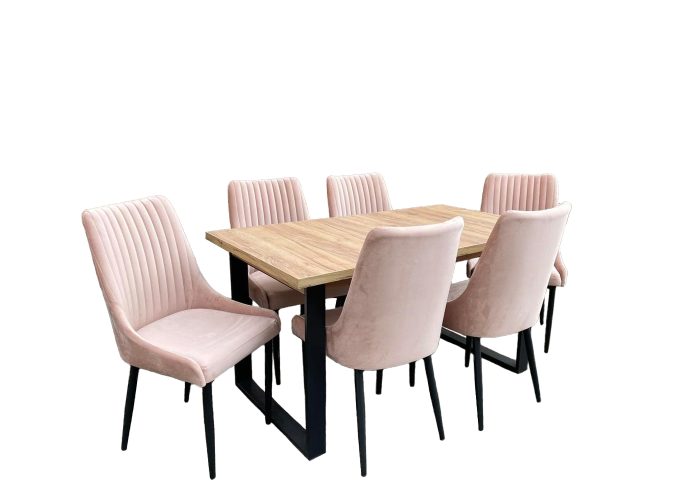 Rozkładany stół Loft z tapicerowanymi krzesłami Massimo z pionowymi przeszyciami