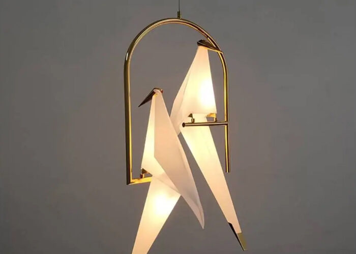 Złota lampa wisząca sufitowa origami 2 ptaki LED