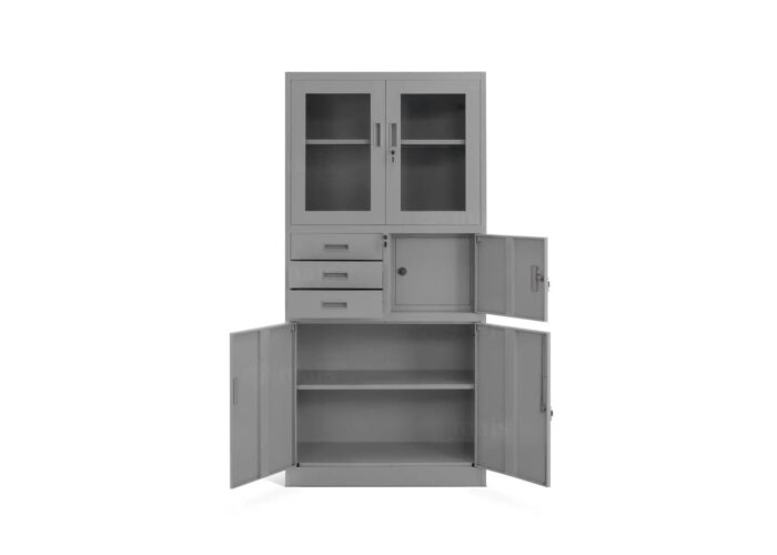 Szafa biurowa metalowa z szyfrowanym sejfem szufladami i przeszklonymi drzwiami