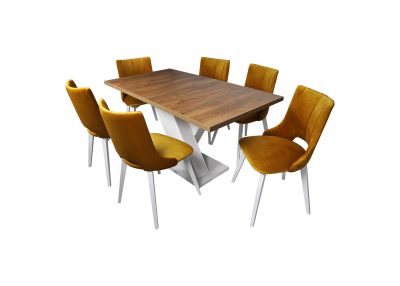 Odkryj elegancję z naszym zestawem: regulowany stół Robin (150-190 cm) i stylowe krzesła Bellas z drewna bukowego. Komfort, design i jakość w jednym!
