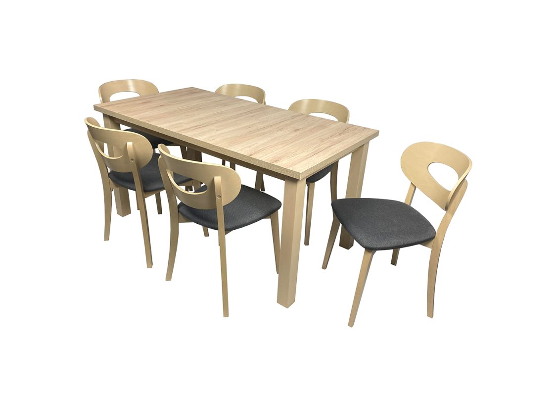 Stół Evoluto z krzesłami Arubi: elegancja, funkcjonalność, nowoczesny design. Solidne drewno bukowe, minimalistyczna elegancja. Idealne do każdego wnętrza.