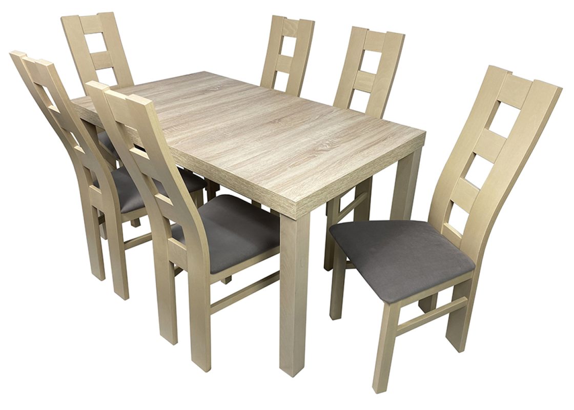 Zestaw stołu Ulrich i krzeseł Filas Niskie: prostota i wysoka jakość. Solidny stół z drewna bukowego z laminowanym blatem, elegancki i odporny na uszkodzenia.