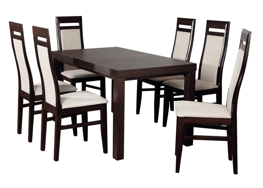 Elegancki zestaw mebli: rozkładany stół Ulrich (140x80, 160x90 cm) i stylowe krzesła Mydełkos, idealny do salonu i kuchni. Dostępny w różnych kolorach.