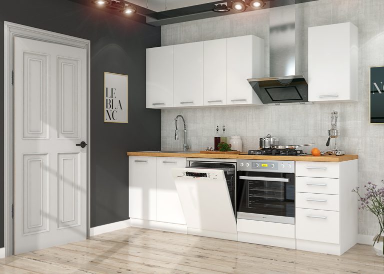 Nina II: Nowoczesny design i funkcjonalność dla Twojej kuchni. Matowe białe fronty, ergonomiczne szafki i eleganckie uchwyty.