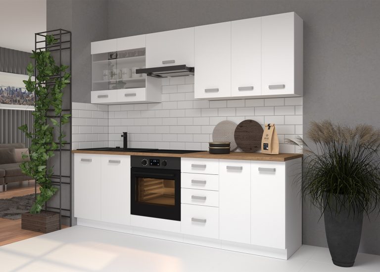 Odkryj nowoczesny design i funkcjonalność mebli kuchennych Nina V. Białe matowe fronty, innowacyjne uchwyty i modułowa konstrukcja tworzą harmonijną kuchnię.