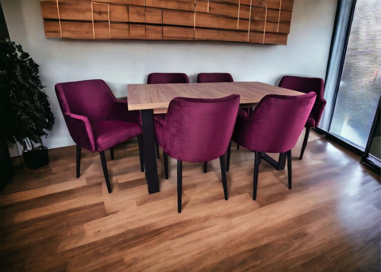 Stwórz przestrzeń pełną stylu z stołem Loft i krzesłami Aura! Industrialny design spotyka się z elegancją i wygodą, tworząc niepowtarzalny klimat.