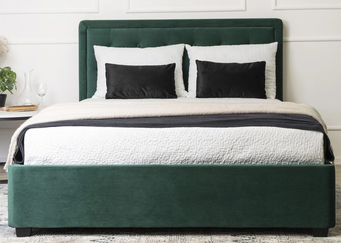 Łóżko Noemi 140x200, zielone. Welur, pianka HR45, podnoszony stelaż. Styl i komfort w jednym.